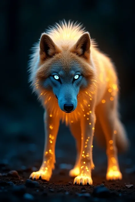 A neon golden wolf, with blue eyes