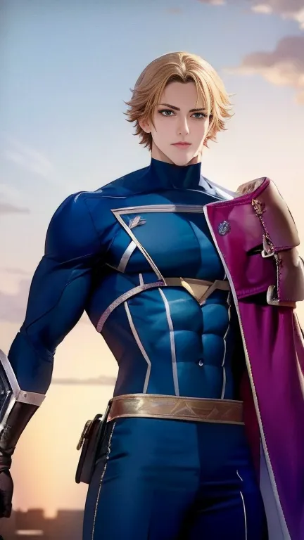 (High-definition CG), (Best Quality),   superhero with a beautiful body, Hero Costumes , Handsome and cool young man ,   Slim and Muscular  , The skin is brown,  blond hair, Frivolous