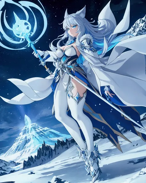 A Wolf woman anthropomorphism with a magical staff and a sword, commanding ice magic, thick thighs, full-body view, casting spells with ice shards surrounding her. Background: snow-covered mountain peaks with an aurora sky. Cool blue lighting with reflecti...