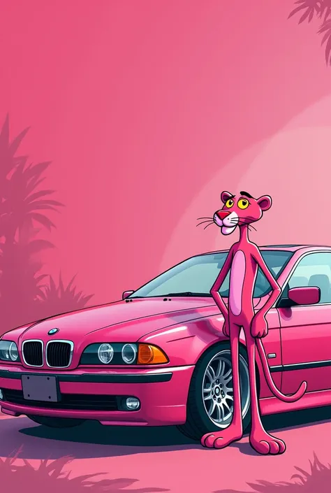 Rich Pink panther catoon character near a pink color bmw e46 car 