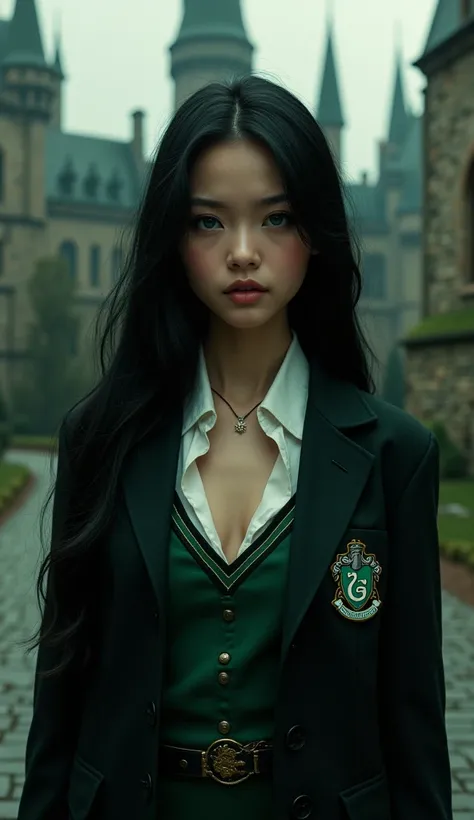 a beautiful young girl with clear green eyes, long straight black hair, heavy makeup including foxy eyeliner and defined contour, dressed in sexy slytherin school uniform, small waist, against hogwarts background, pale skin, (best quality,4k,8k,highres,mas...