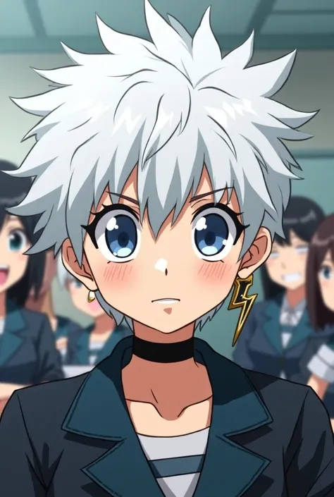  Screenshot of My Hero Academia.
Girl with short white hair and her blue eyes, She has a tight black necklace and a lightning bolt earring with a serious expression , He has the UA uniform and in the background he has the UA school class and he is blushing...