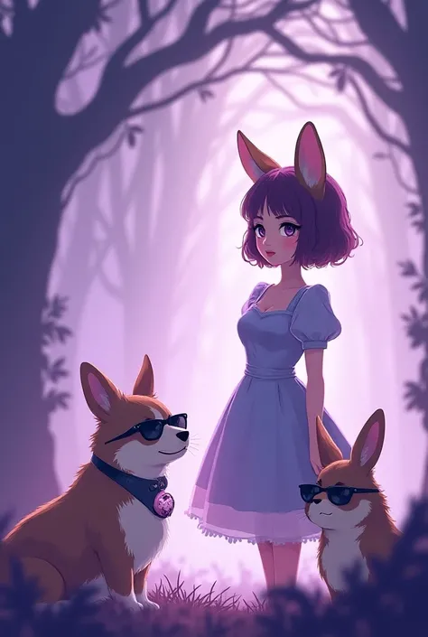 Light purple gradient background mysterious old pocket watch full of mysterious branches tangled 、 Alice in Wonderland Western style beautiful woman with cute rabbit in sunglasses and cute smiling corgi dog in sunglasses masterpiece, Winner of numerous awa...