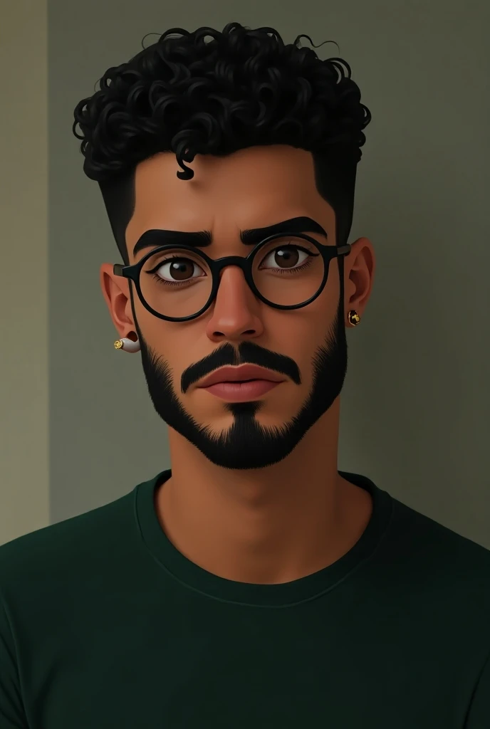 Can you create a male character with black short super curly hair, brown round glasses, with big close set black eyes with long eyelashes, dark and thick brows, round but straight nose, dark barbe, small pink lips, with diamond face shape.  
The character ...