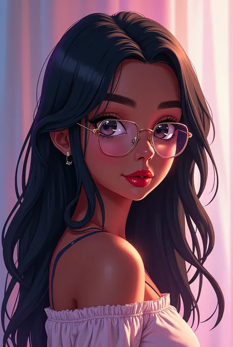 Selfie of a beautiful black girl with big straight hair and eyeglasses in anime 