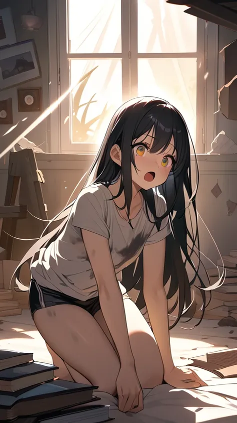 1 girl, ( cute face),  long hair,  Face Out of a Rag Blanket,  Dirty T Shirt ,  Panties Tiny Breasts ,  surprised expression , Bright Eyes, break,  Ruined Bedroom , Twilight, (Mysterious Light:1.3),  Lonely Atmosphere , Shadows sway, break,  Collapsed Wall...