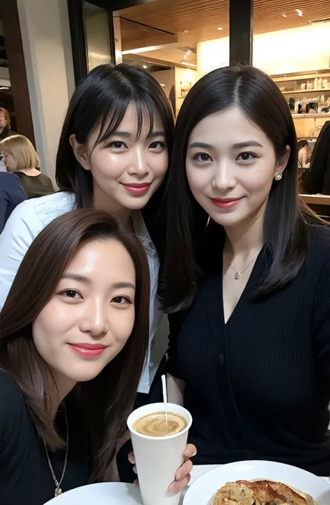   A 38-year-old female CEO of a listed company with a round face（A round face and fat ） （Chest-length, straight brunette ）,（Mature flavor）（ weighs around 65 kg ） ,， wearing high-end brand fashion clothing   ,A night out with two female friends drinking cof...