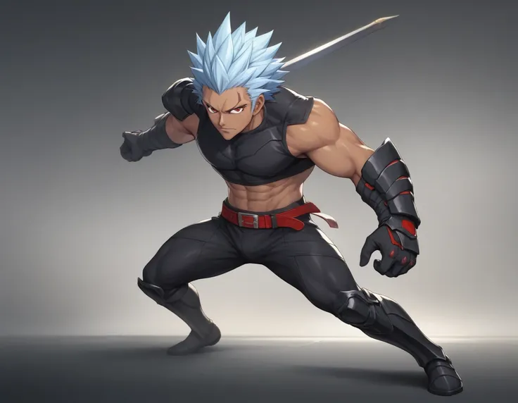 score_9, score_8_up, score_7_up, source_anime, BREAK 1man, solid dude, middle muscular, heroic ikemen, light blue hair, spiked hair slicked back, forehead, tsurime, red eyes, toned body, tanned skin, sharp eyes, BREAK abs, black armor, croptop armor, sleev...