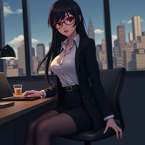 Og2, 1 anime girl, single girl, business girl, low lighting, volumetric lighting, subsurface scattering, beautiful woman with extremely beautiful face, voluptuous body, 20s, light dark skin, seductive look, huge tits, small waist, wide hips (measurements 1...