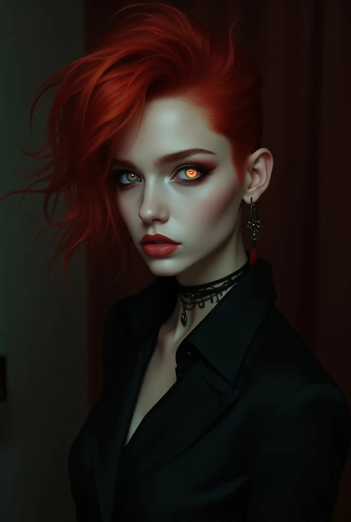  an androgenic vampire with delicate honey-colored eyes and red hair, She looks like both a woman and a man 