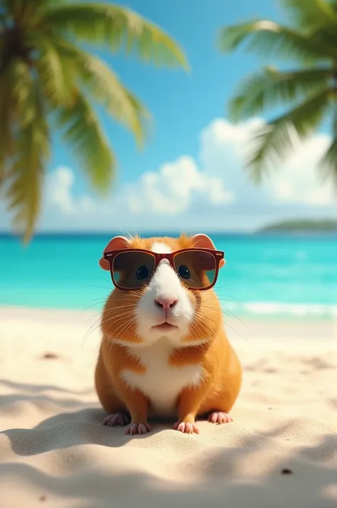 Guinea pig wearing sunglasses in front of a tropical beach