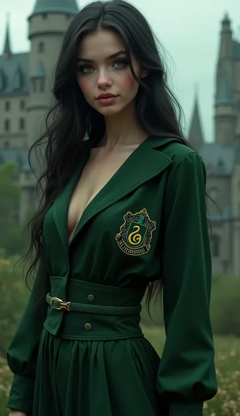 a beautiful young girl with clear green eyes, long straight black hair, heavy makeup including foxy eyeliner and defined contour, dressed in sexy slytherin school uniform, small waist, against hogwarts background, pale skin, (best quality,4k,8k,highres,mas...