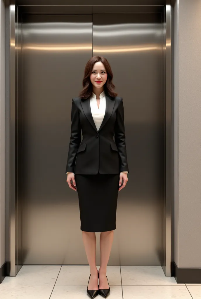 a woman standing by an elevator