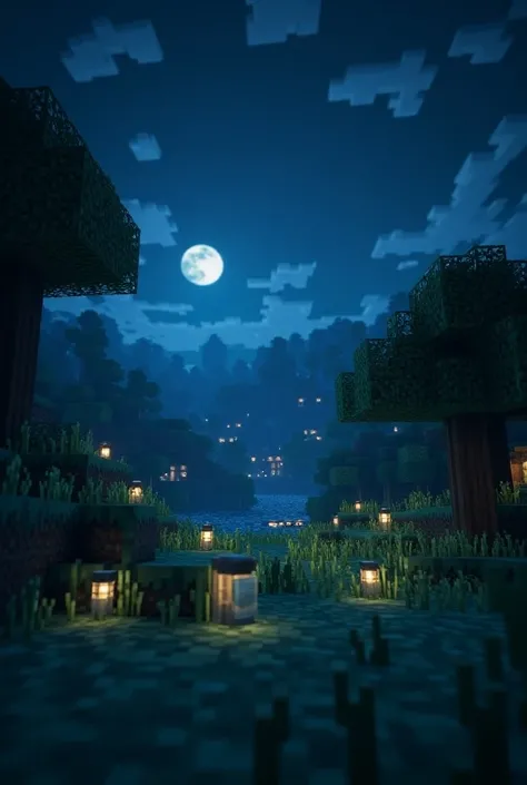 Shaders Minecraft de noche, similar to the original game but beautiful that covers the entire screen.  With varied biomes, Relaxing biome with trees 