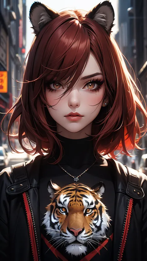 beautiful girls,   half body portrait wearing a tiger mask , short bright red disheveled hair ,  black eyeshadow , ( street styl...