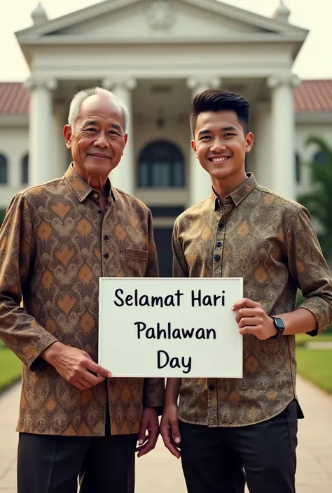 Two people, one Soekarnoand a handsome Indonesian young man wearing batik clothes facing the camera are standing holding a whiteboard with the words "SELAMAT HARI PAHLAWAN" written on it. Indonesian presidential palace Background