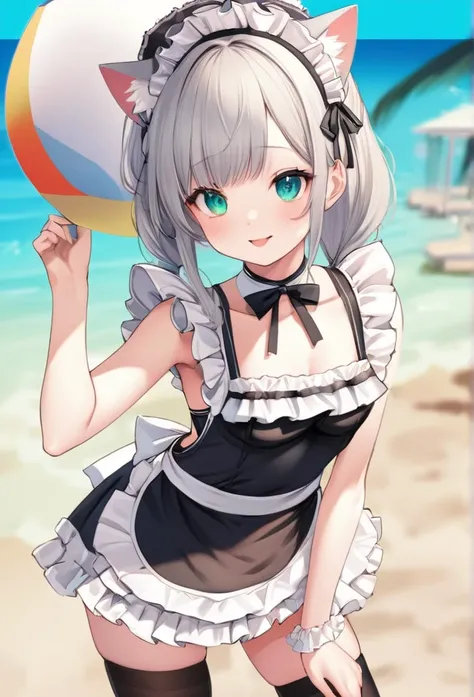 Upper body close-up（((masterpiece), onA detailed illustration of a cat-eared anime-inspired maid in a swimsuit. The character has playful cat ears, a cute and cheerful expression, and wears a swimsuit styled with maid elements. The swimsuit is decorated wi...