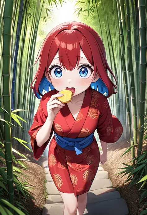 (best masterpiece, high resolution: 1.5), (8K, RAW photo, fisheye effect, perfect anatomy, golden ratio: 1.3), pointillism, professional photography, gaze, lone Japanese idol, (real: 0.5 ), (Eating ginger: 1.5), (Ginger pattern, red yukata: 1.5), (Walking ...