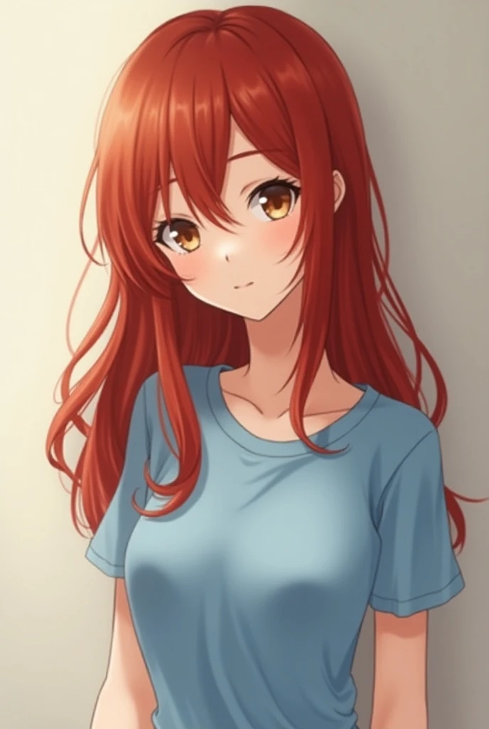 Adult anime girl,  long red hair , piel Blanca,  brown eyes. He wears only a blue t-shirt. 