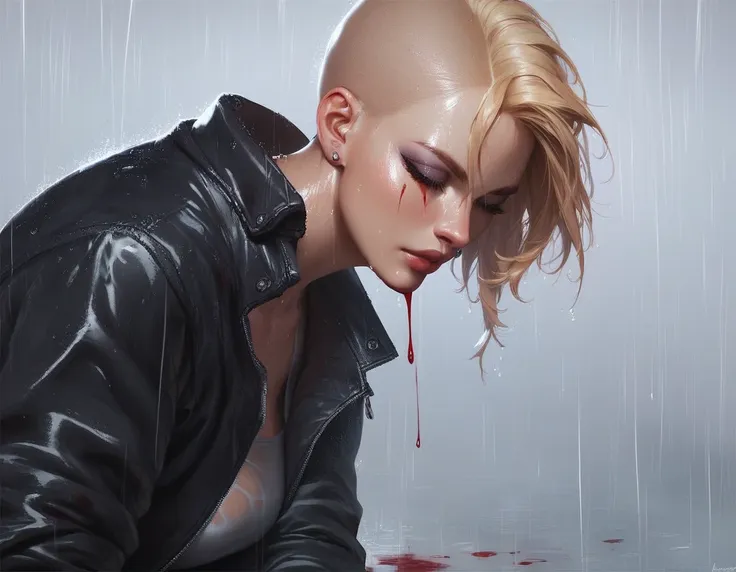 irina,  muscular woman ,  wearing a black jacket and tights.  pixie long-haired blonde, scar on the eye.  in the rain. fallen on...