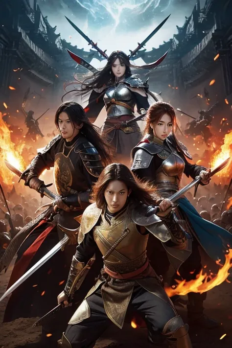  warriors with large swords in the center 、 show leadership {x} create an image of a fierce battle being waged against a background of blazing flames。Place 、 with diverse abilities 。
