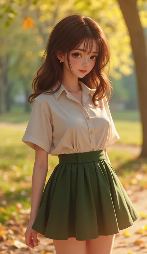 Full body image,Realistic, (masterpiece,Highest questions answered :1.4),(16k, RAW Photos,Realistic:1.2), Detailed skin,  detail face ,   slender girl in early fall park , cute face, Super Resolution, Realistic Detailed Illustration  ,,{{{Exquisite ,compli...