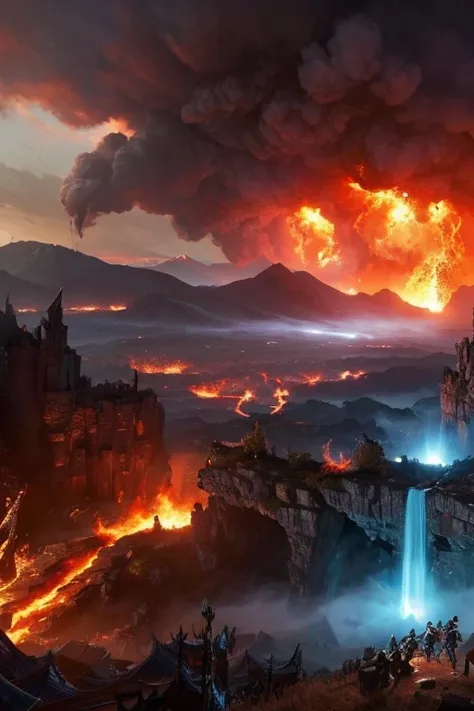  depict a scene where multiple fantasy characters are fighting。Each character uses magic and 、 has magical weapons 。 depict a chaotic situation of fire in the background 、Express the fierce battle。
