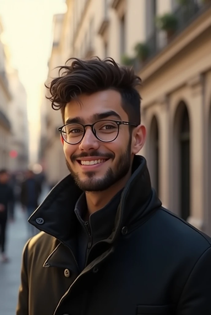 Create a young male AI character with short, curly dark hair and a neatly trimmed beard. He has a relaxed and friendly expression, and wears round glasses that give him an intellectual charm. He is dressed in a stylish black winter jacket with a high colla...