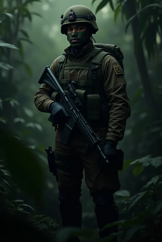 "A highly trained Indian MARCOS commando in full combat gear, standing in a dense jungle environment with a focused, intense expression. He is wearing camouflage clothing, a tactical helmet, and face paint for stealth. His gear includes advanced weaponry, ...