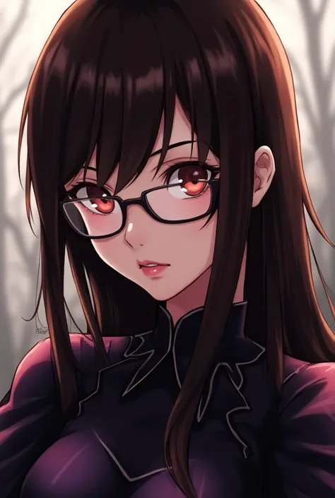 selfie of a beautiful brunette anime girl with big straight hair, black glasses and sword art features online