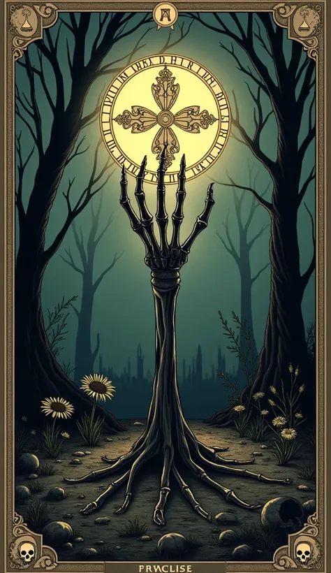 {
  "size": "1024x1024",
  "prompt": "A dark and evocative interpretation of The Ace of Pentacles tarot card, imbued with themes of death, rebirth, and material transformation. At the center, a skeletal hand rises from the earth, holding a large, intricate...