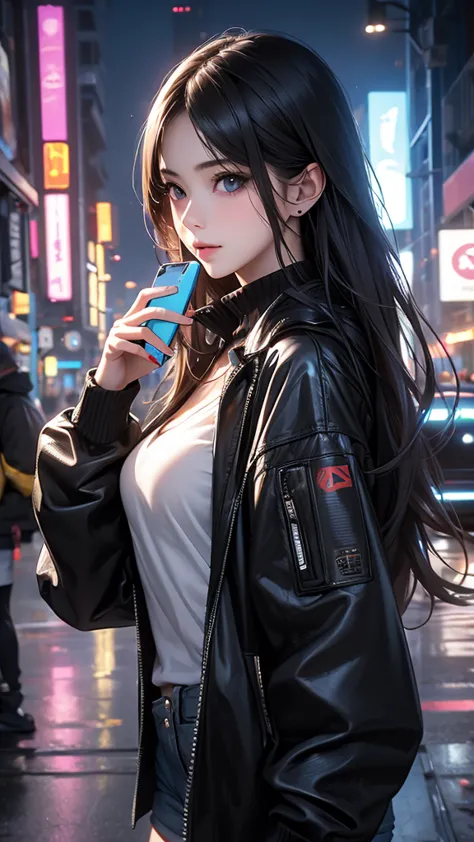 (( beautiful girl holding a cell phone)) 4k 8k:: realistic::4. cyberpunk::1 --v 4 --quality 2