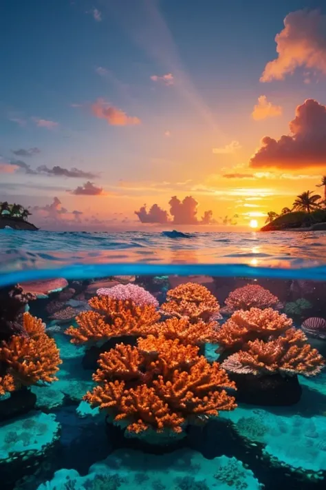  Please create an image of a tropical island with a sunset sky in the background。A calm ocean spreads out around the island 、 and colorful coral reefs are depicted in the water 々Fish、 and sea turtles swimming close to the surface of the sea 。
