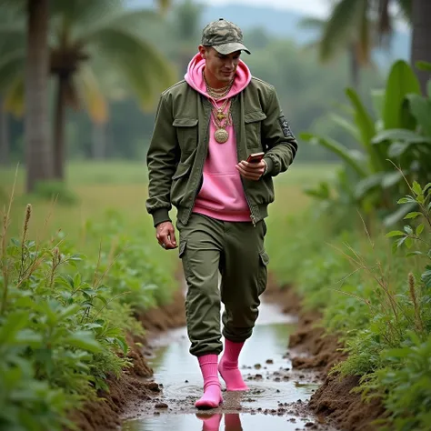 full view, blond muscular guy in pink filthy socks, olive green adidas trackie pants, camo cap, pink hoodies, olive green bomber jacket, wearing golden big rings, golden necklaces, golden chains, diamond earings, watching smartphone, walking in the muddy g...