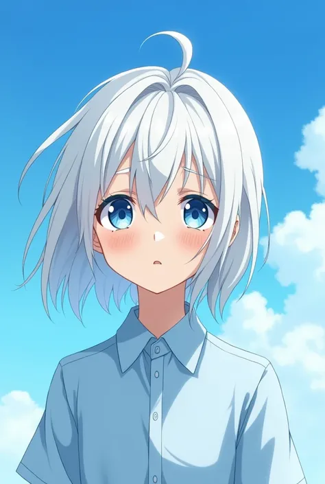 An anime-style image of a 15-year-old white-haired boy wearing a light blue shirt against a sky background