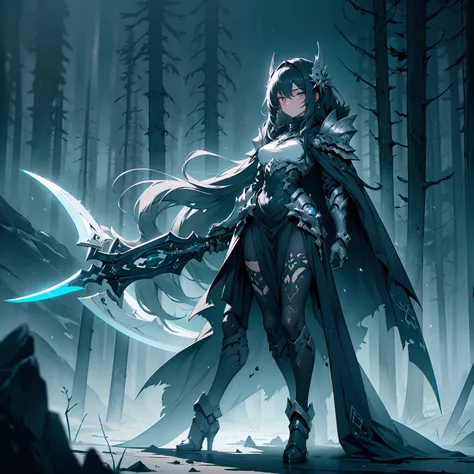 (((masterpiece, best quality, high detailed, 16k))) (1girl) A beautiful and imposing female figure with long, flowing black hair and cold, piercing silver eyes. She embodies the quiet finality of death, draped in a shadowy cloak made of swirling darkness. ...