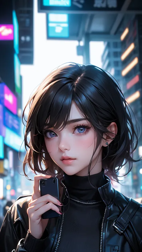 (( beautiful girl holding a cell phone)) 4k 8k:: realistic::4. cyberpunk::1 --v 4 --quality 2