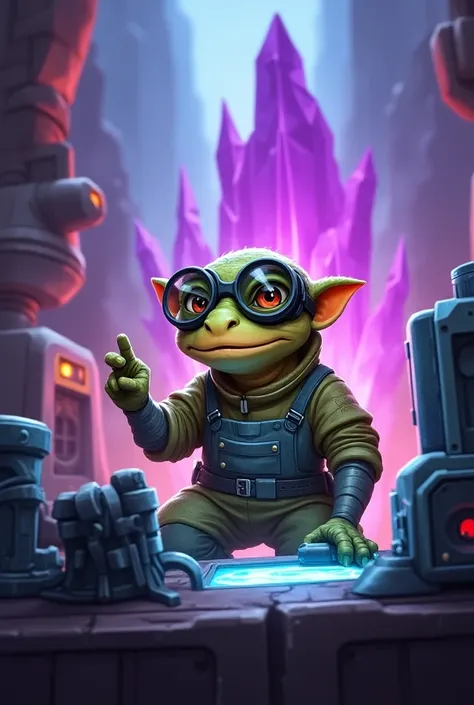 kobold machine operator, in the Hearthstone artstyle, Hearthstone painting style, futuristic, with purple crystals