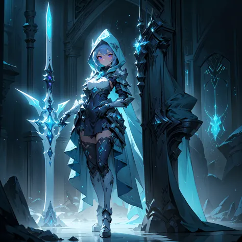 (((masterpiece, best quality, high detailed, 8k))) full-body shot of a hooded girl with a perfect face, standing on a reflective ground. She is holding a source of blue and purple light energy, with many particles surrounding her. The environment is dark a...