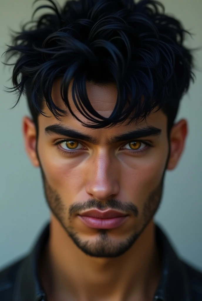 (photorealism:1.2), High Resolution, Best Quality, High Details, Short Hair, jet black hair with iridescent hints of deep blue and purple, messy choppy hair, vibrant gold eyes with flecks of black, olive skin tone, dark arched eyebrows, stubbled chin, slig...