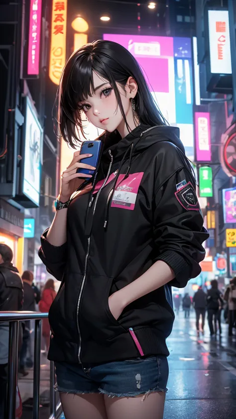 (( beautiful girl holding a cell phone)) 4k 8k:: realistic::4. cyberpunk::1 --v 4 --quality 2