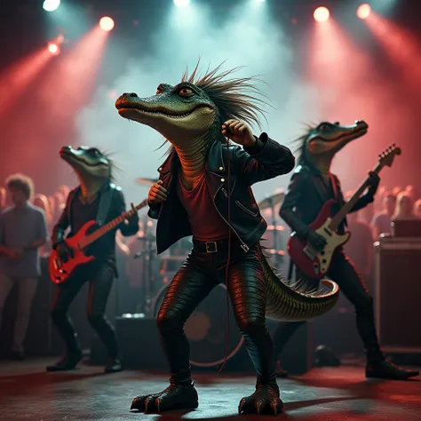 A crocodile band performing on stage, singing and dancing, hyperrealistic, hyper detailed, extremely detailed, 1girl, beautiful detailed eyes, beautiful detailed lips, extremely detailed face, long eyelashes, wild hair, leather jacket, dynamic pose, dramat...