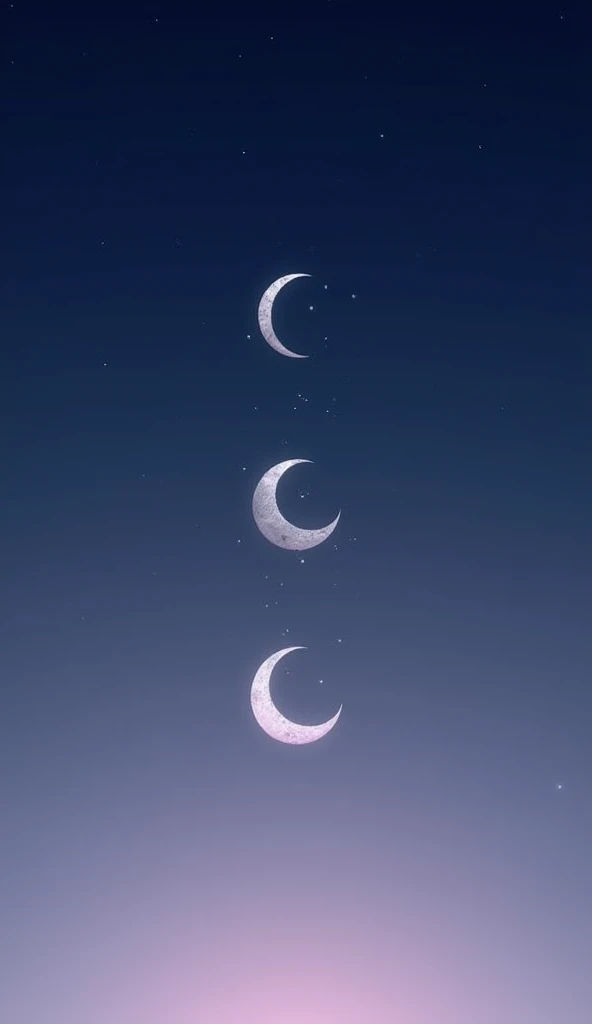 A clean, minimalistic design with a soft, matte night sky fading from deep indigo to violet. Three silver crescent moons align vertically down the center, each slightly smaller than the one above, with delicate stardust lightly scattered around them.
