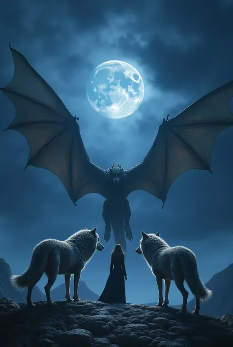 Dragons flying, the moon in the background, Face death with your voice and two big wolves