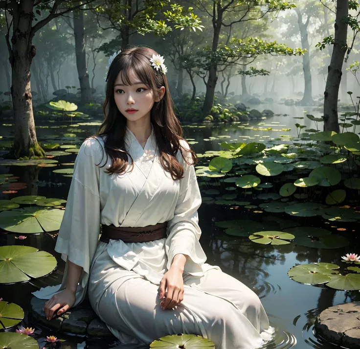  dense foggy forest trees 々Surrounded by a tranquil pond and 、Realistic high resolution photo of a few waterlily leaf watercolor paintings 。 soft and serene background 。Best Quality、4K、resolution、Super details。 One male meditating sitting on a stone lying ...