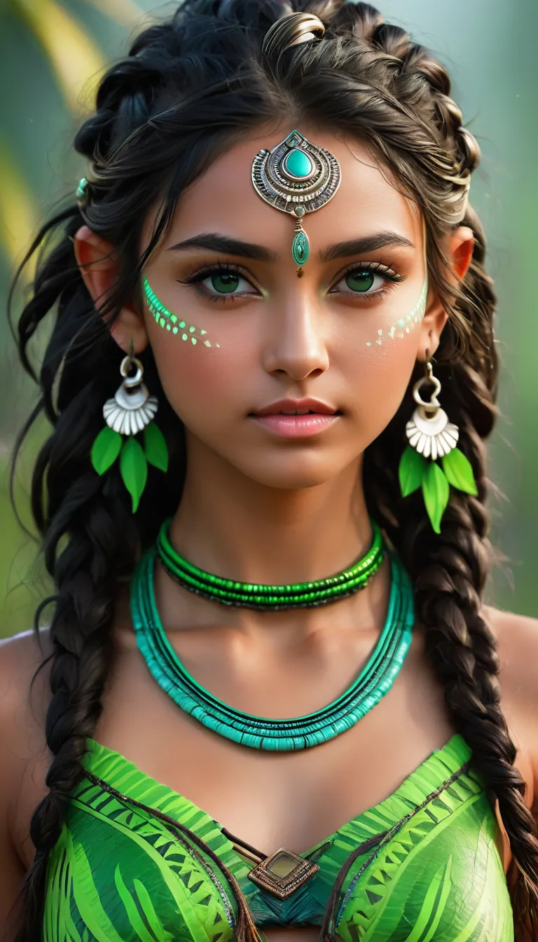 avatar style, (face portrait:1.6), 1girl, female, glowing blue eyes, pointy ears, (green skin tone:1.0), (curly hair:1.0), black...