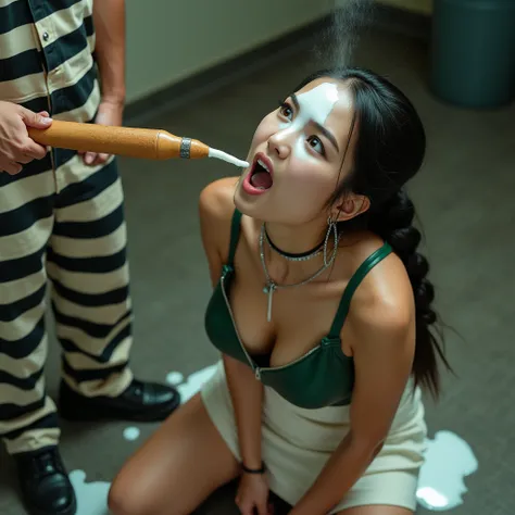 Beautiful asian woman with braided ponytail, huge breasts, cleavage showing, green leather zip down top, choker around neck, hoop earrings and tight white Pencil miniskirt. Woman is kneeling on ground with her hands bound behind her back, is surprised & sc...