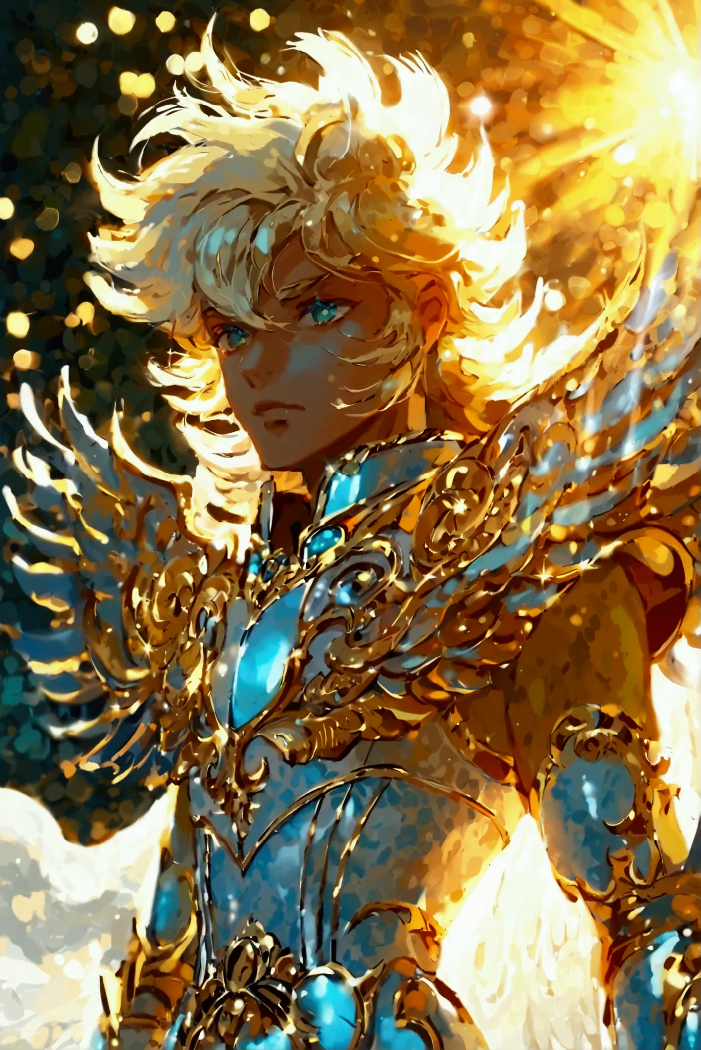 draw an 18-year-old apollo in a kamui armor inspired by *saint seiya*, radiating youth, grace, and an ethereal warmth. he stands...