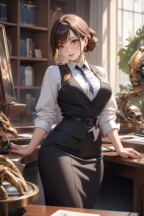 a Receptionist woman with brown hair tied neatly, a  mole under her right eye, detailed background, every detail is rendered in superb detail, perfect composition, masterpiece, best quality, 8k, ultra-detailed, very clear, perfect anatomy, anatomically cor...