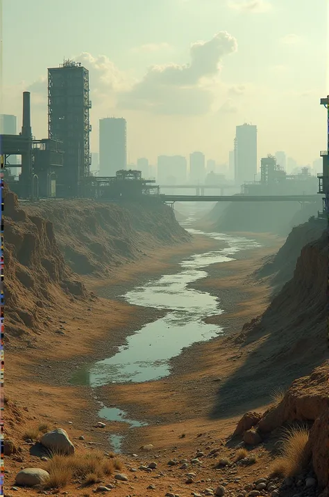  A completely dry landscape and on the side a city, with a completely polluted river .